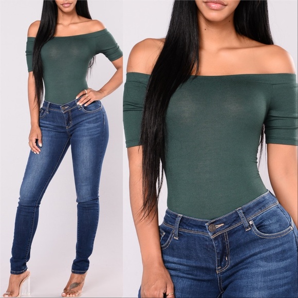 . Tops - HUNTER GREEN OFF SHOULDER BODYSUIT